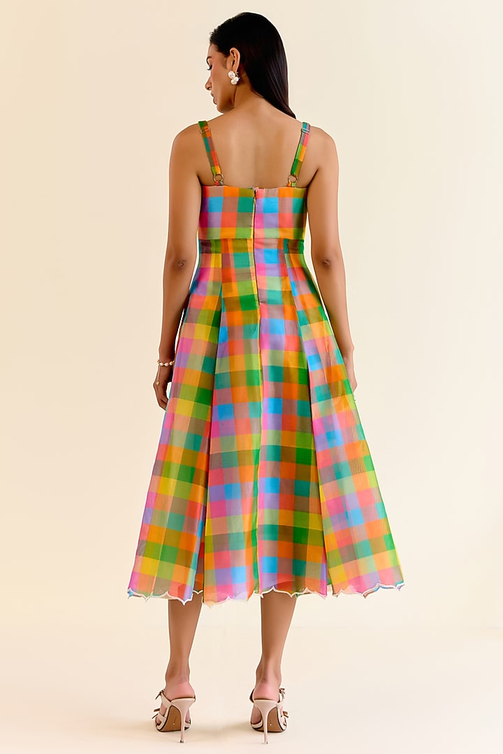 Multi-Colored Handwoven Pachranga Silk Organza Checkered Cocktail Dress by Ohfab by Aanchal & Akshita at Pernia's Pop Up Shop