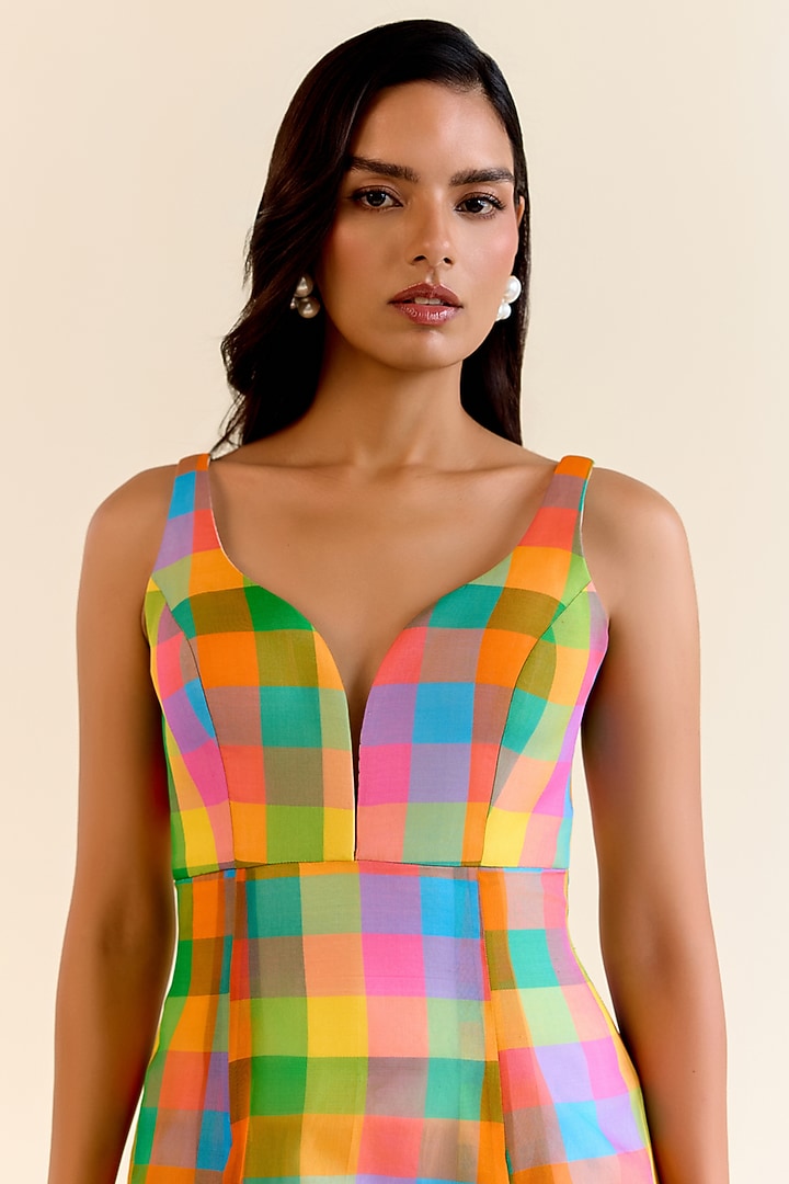 Multi-Colored Handwoven Pachranga Silk Organza Checkered Cocktail Dress by Ohfab by Aanchal & Akshita at Pernia's Pop Up Shop