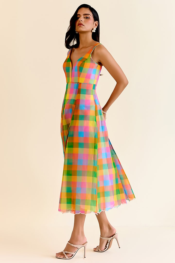 Multi-Colored Handwoven Pachranga Silk Organza Checkered Cocktail Dress by Ohfab by Aanchal & Akshita at Pernia's Pop Up Shop