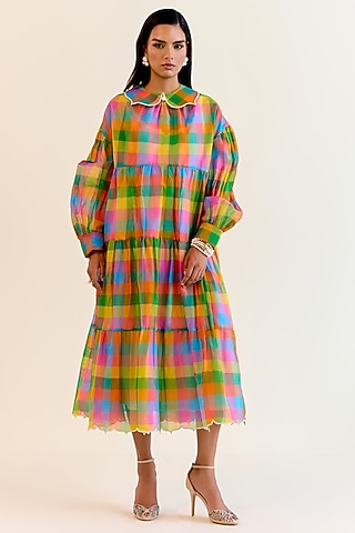 Multi-Colored Handwoven Pachranga Silk Organza Checkered Dress by Ohfab by Aanchal & Akshita