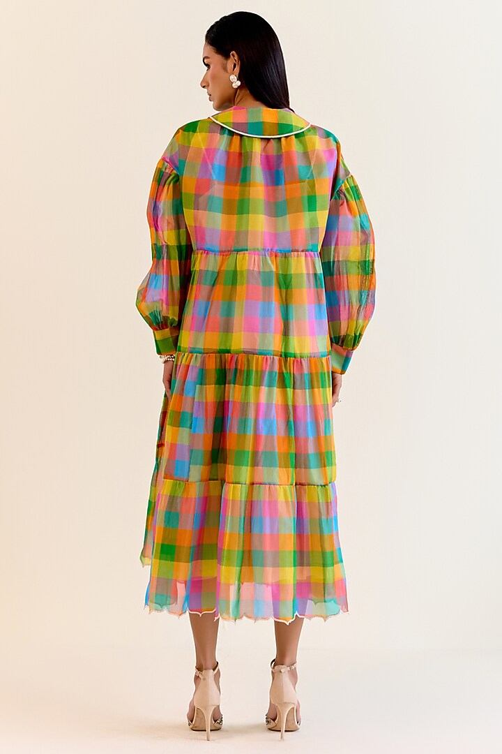 Multi-Colored Handwoven Pachranga Silk Organza Checkered Cocktail Dress by Ohfab by Aanchal & Akshita at Pernia's Pop Up Shop