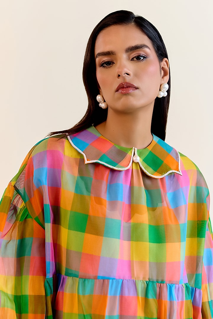 Multi-Colored Handwoven Pachranga Silk Organza Checkered Cocktail Dress by Ohfab by Aanchal & Akshita at Pernia's Pop Up Shop