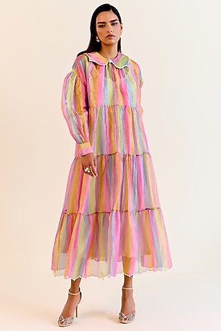 Multi-Colored Handwoven Pachranga Silk Tissue Checkered Dress by Ohfab by Aanchal & Akshita