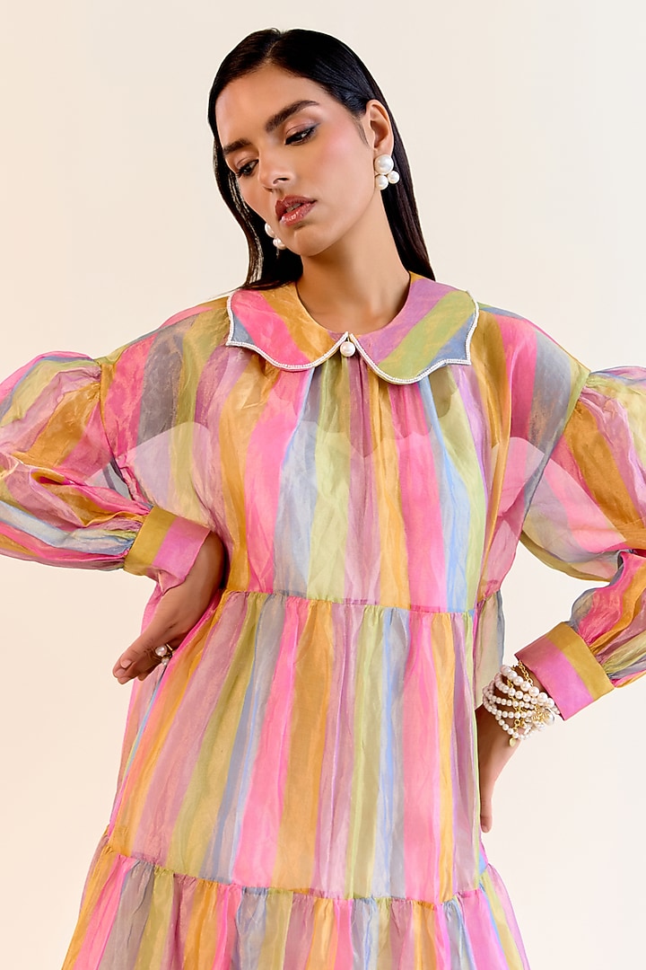 Multi-Colored Handwoven Pachranga Silk Tissue Checkered Cocktail Dress by Ohfab by Aanchal & Akshita at Pernia's Pop Up Shop