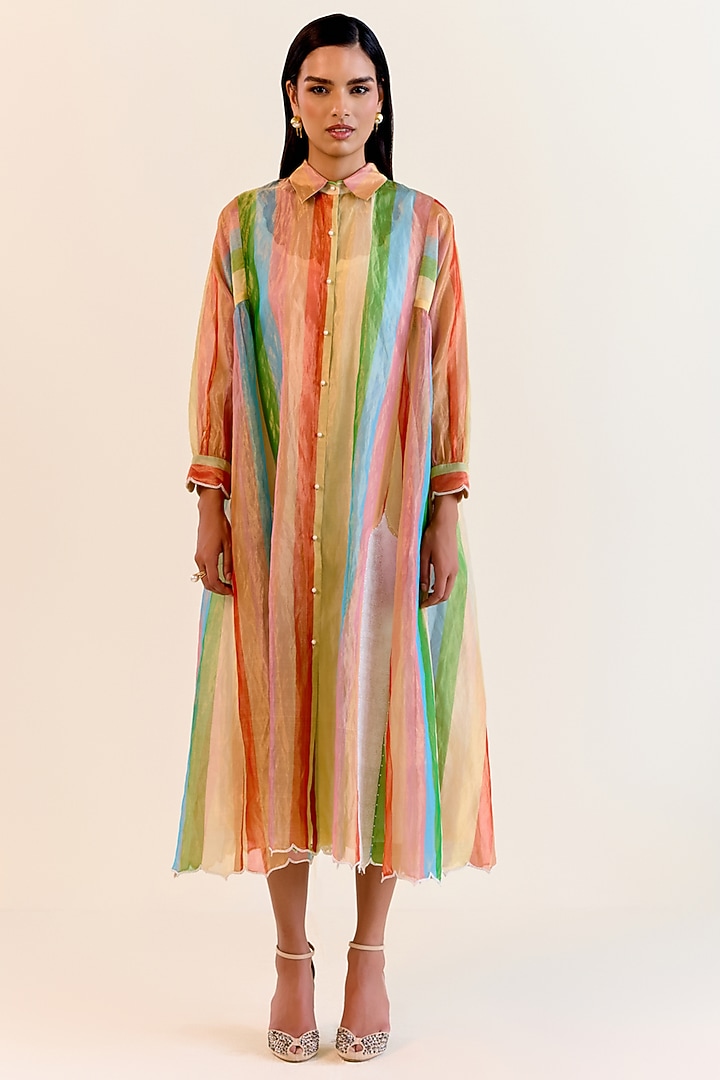 Multi-Colored Handwoven Satranga Silk Tissue Paneled Cocktail Dress by Ohfab by Aanchal & Akshita at Pernia's Pop Up Shop