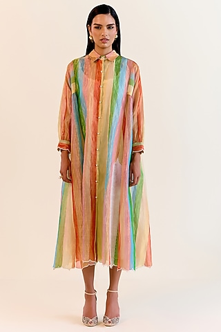 Multi-Colored Handwoven Satranga Silk Tissue Paneled Dress by Ohfab by Aanchal & Akshita