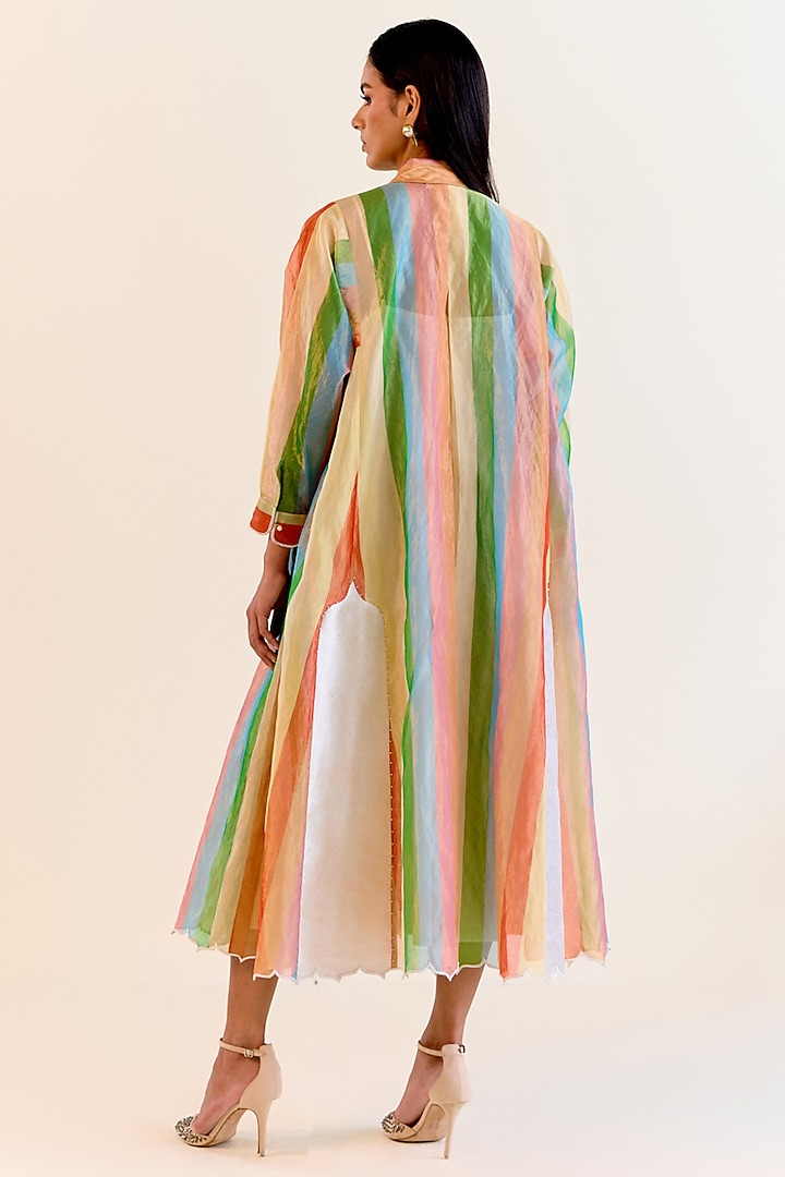 Multi-Colored Handwoven Satranga Silk Tissue Paneled Cocktail Dress by Ohfab by Aanchal & Akshita at Pernia's Pop Up Shop