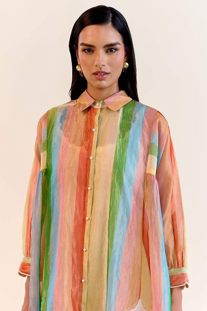 Multi-Colored Handwoven Satranga Silk Tissue Paneled Cocktail Dress by Ohfab by Aanchal & Akshita at Pernia's Pop Up Shop