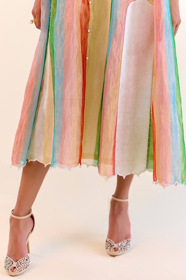 Multi-Colored Handwoven Satranga Silk Tissue Paneled Cocktail Dress by Ohfab by Aanchal & Akshita at Pernia's Pop Up Shop