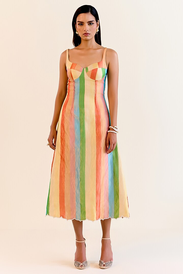 Multi-Colored Handwoven Satranga Silk Tissue Cocktail Dress by Ohfab by Aanchal & Akshita at Pernia's Pop Up Shop