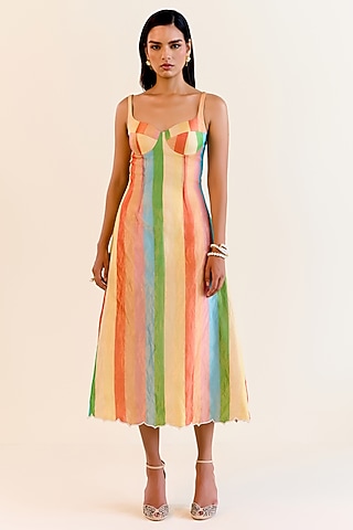 Multi-Colored Handwoven Satranga Silk Tissue Dress by Ohfab by Aanchal & Akshita
