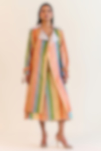 Multi-Colored Handwoven Satranga Silk Tissue Trench Coat by Ohfab by Aanchal & Akshita at Pernia's Pop Up Shop