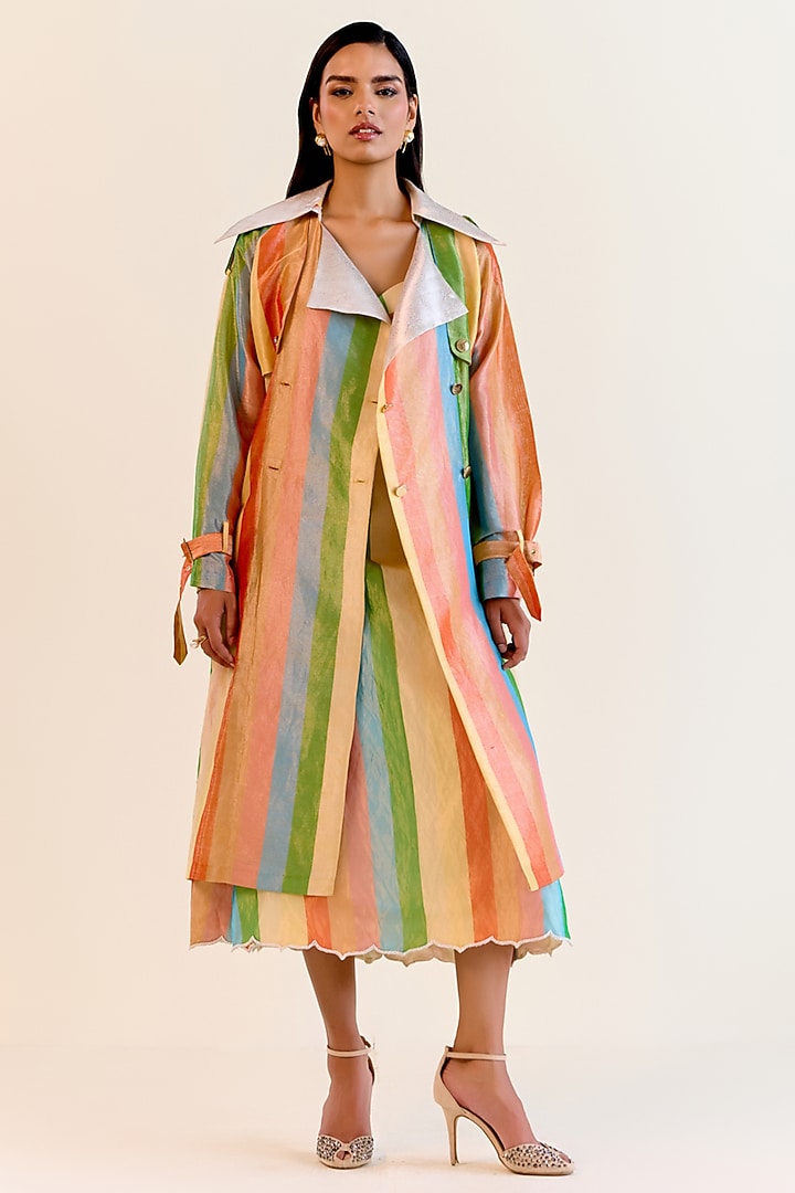 Multi-Colored Handwoven Satranga Silk Tissue Trench Coat by Ohfab by Aanchal & Akshita at Pernia's Pop Up Shop