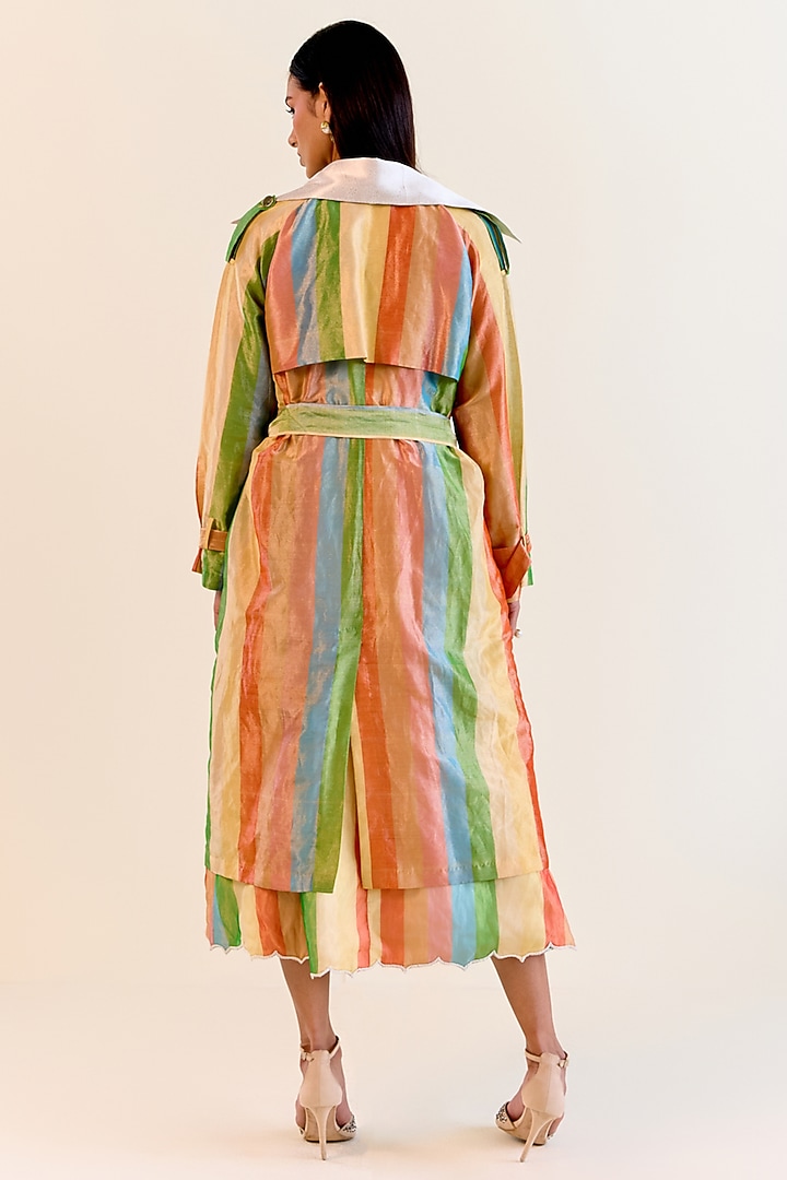 Multi-Colored Handwoven Satranga Silk Tissue Trench Coat by Ohfab by Aanchal & Akshita at Pernia's Pop Up Shop