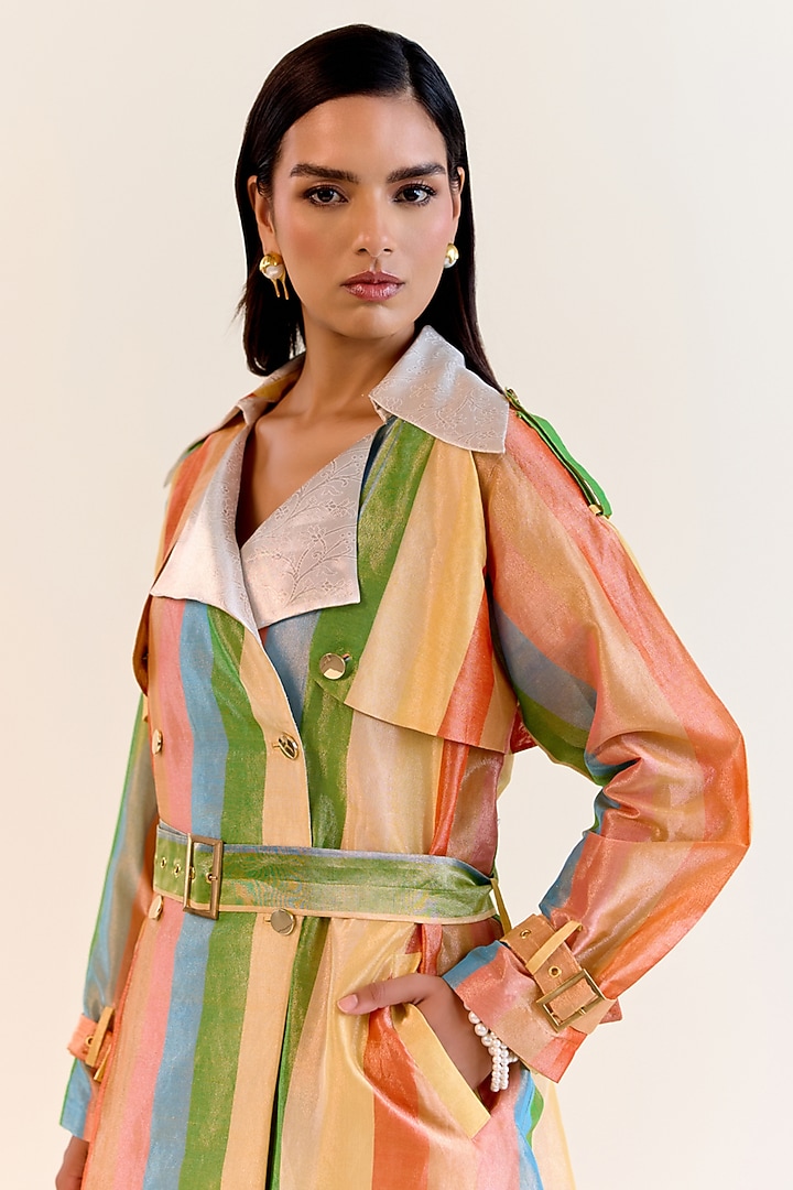 Multi-Colored Handwoven Satranga Silk Tissue Trench Coat by Ohfab by Aanchal & Akshita at Pernia's Pop Up Shop