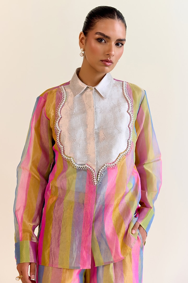 Multi-Colored Handwoven Pachranga Silk Tissue Embroidered Shirt by Ohfab by Aanchal & Akshita at Pernia's Pop Up Shop