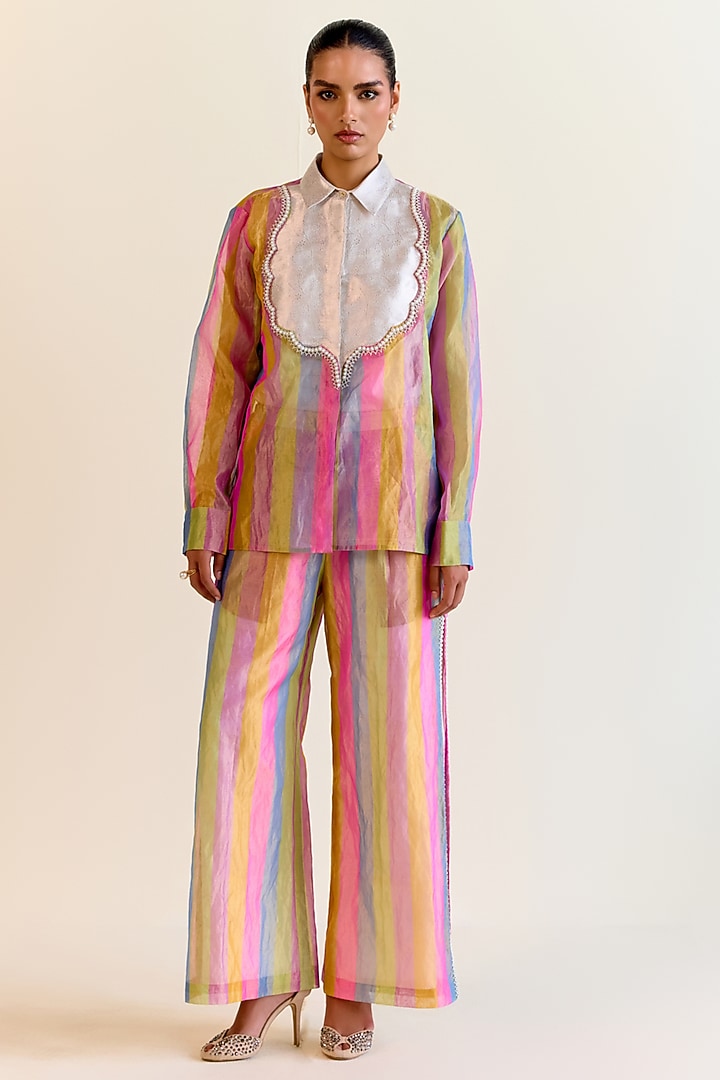 Multi-Colored Handwoven Pachranga Silk Tissue Embroidered Shirt by Ohfab by Aanchal & Akshita at Pernia's Pop Up Shop