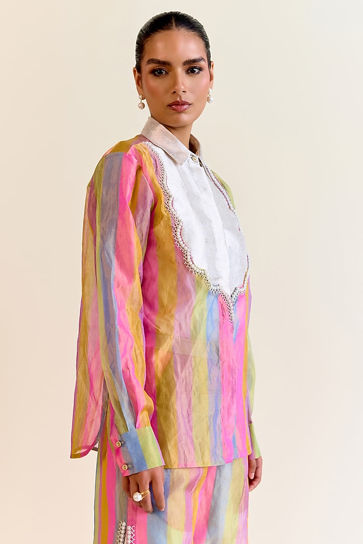 Multi-Colored Handwoven Pachranga Silk Tissue Embroidered Shirt by Ohfab by Aanchal & Akshita at Pernia's Pop Up Shop
