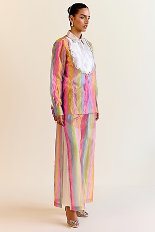 Multi-Colored Handwoven Pachranga Silk Tissue Embroidered Pants by Ohfab by Aanchal & Akshita