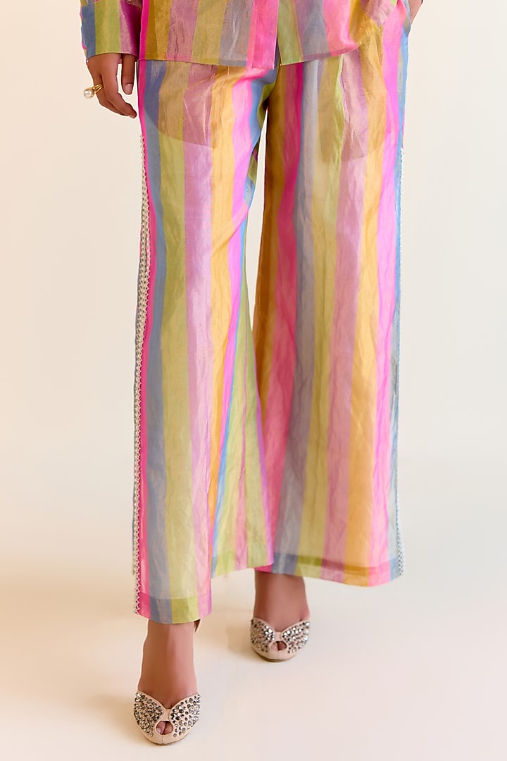 Multi-Colored Handwoven Pachranga Silk Tissue Embroidered Pants by Ohfab by Aanchal & Akshita at Pernia's Pop Up Shop