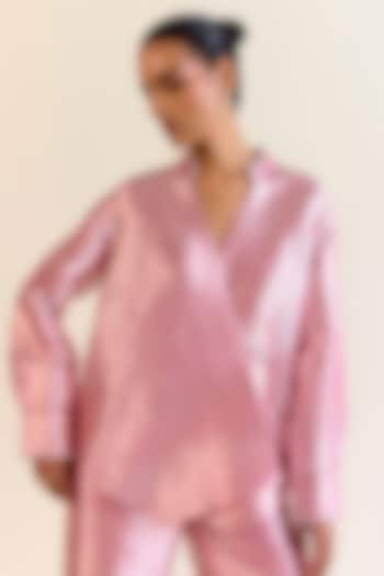 Pink Handwoven Kimkhwaab Tanchoi Tissue Tie-Up Top by Ohfab by Aanchal & Akshita at Pernia's Pop Up Shop