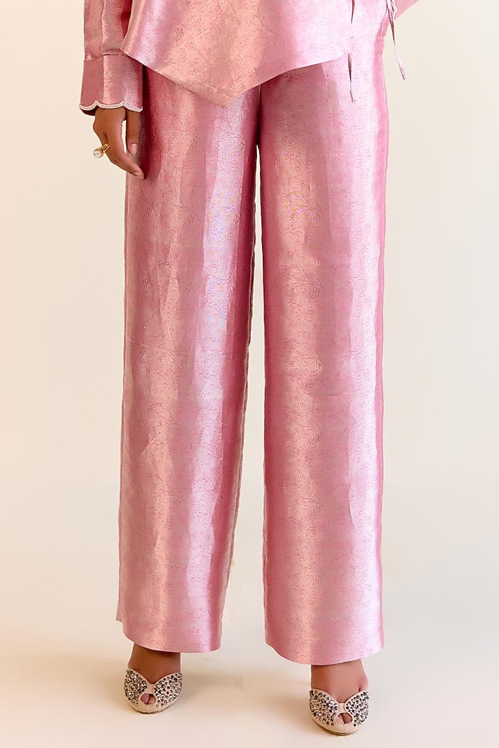 Pink Handwoven Kimkhwaab Tanchoi Tissue Straight Pants by Ohfab by Aanchal & Akshita at Pernia's Pop Up Shop