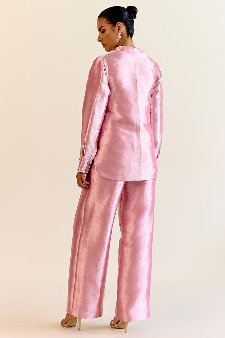 Pink Handwoven Kimkhwaab Tanchoi Tissue Straight Pants by Ohfab by Aanchal & Akshita at Pernia's Pop Up Shop