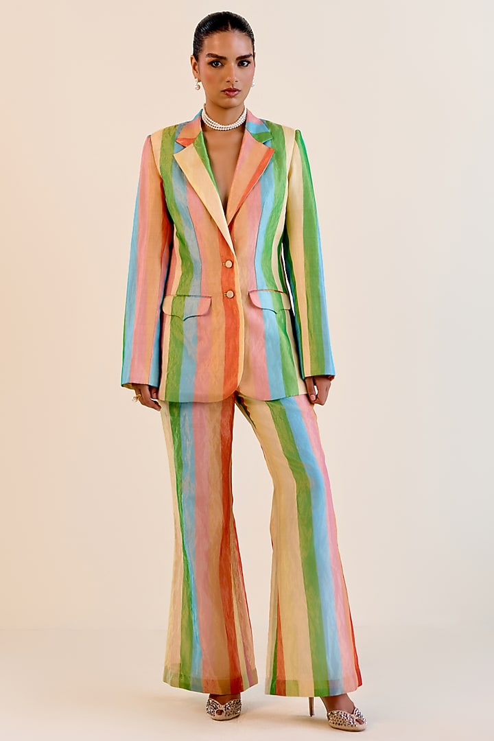 Multi-Colored Handwoven Satranga Silk Tissue Blazer Set by Ohfab by Aanchal & Akshita at Pernia's Pop Up Shop