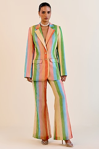Multi-Colored Handwoven Satranga Silk Tissue Blazer Set by Ohfab by Aanchal & Akshita