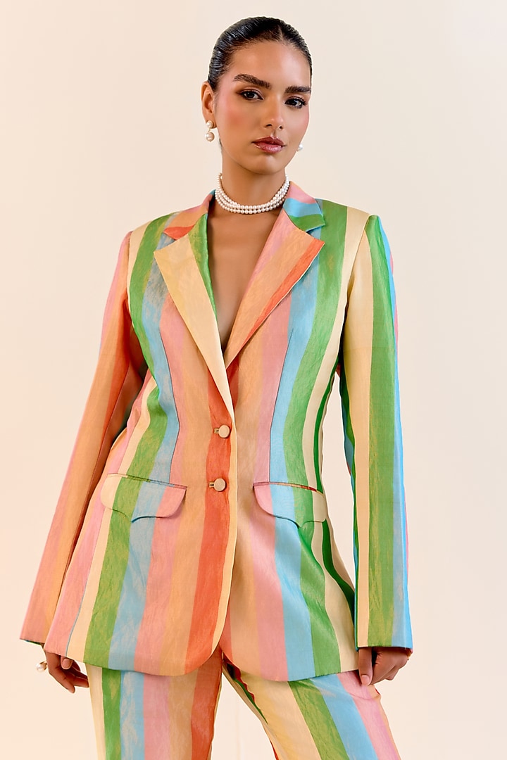 Multi-Colored Handwoven Satranga Silk Tissue Blazer Set by Ohfab by Aanchal & Akshita at Pernia's Pop Up Shop