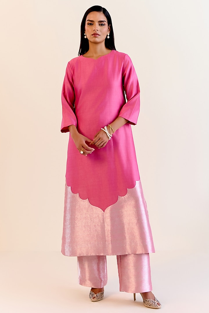 Pink Chanderi Silk & Handwoven Kimkhwaab Tissue Kurta Set by Ohfab by Aanchal & Akshita at Pernia's Pop Up Shop
