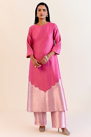 Pink Chanderi Silk & Handwoven Kimkhwaab Tissue Kurta Set by Ohfab by Aanchal & Akshita