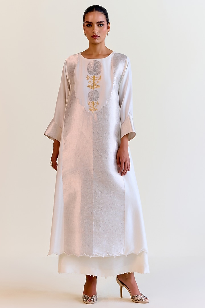 Silver Handwoven Kimkhwaab Tissue & Pure Silk Kurta Set by Ohfab by Aanchal & Akshita at Pernia's Pop Up Shop