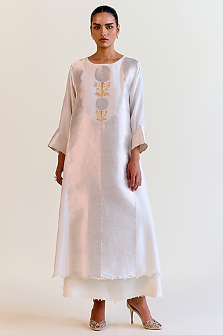 Silver Handwoven Kimkhwaab Tissue & Pure Silk Kurta Set by Ohfab by Aanchal & Akshita