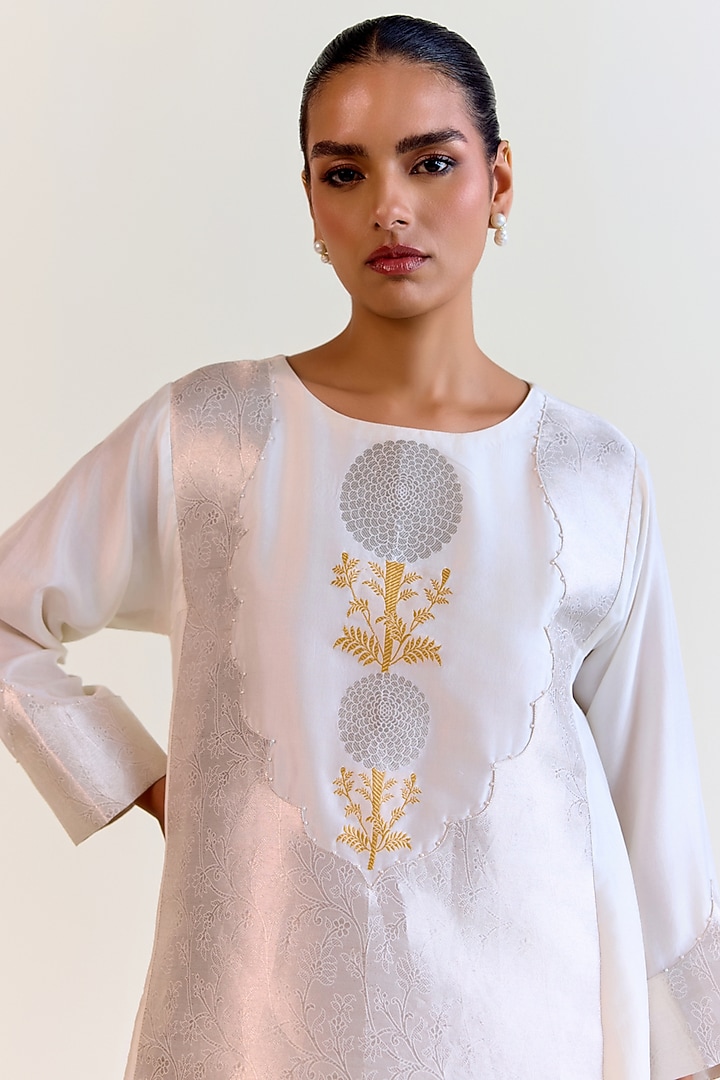 Silver Handwoven Kimkhwaab Tissue & Pure Silk Kurta Set by Ohfab by Aanchal & Akshita at Pernia's Pop Up Shop