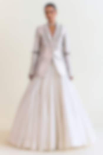 Silver Handwoven Kimkhwaab Tanchoi Tissue Blazer Set by Ohfab by Aanchal & Akshita at Pernia's Pop Up Shop