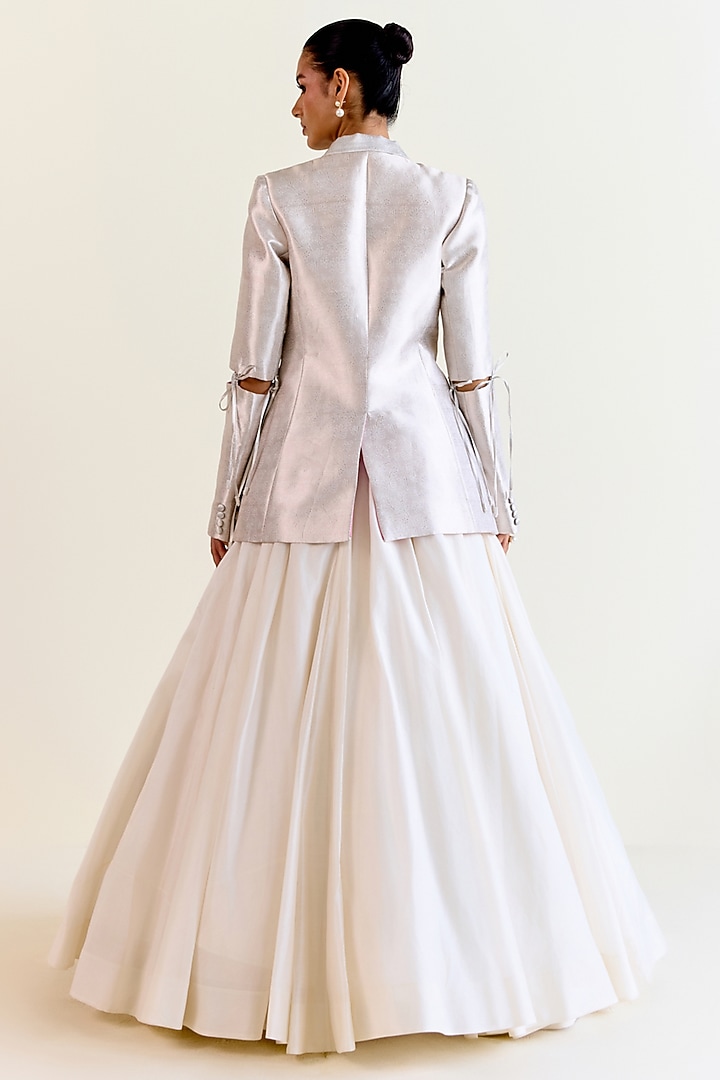 Silver Handwoven Kimkhwaab Tanchoi Tissue Blazer Set by Ohfab by Aanchal & Akshita at Pernia's Pop Up Shop