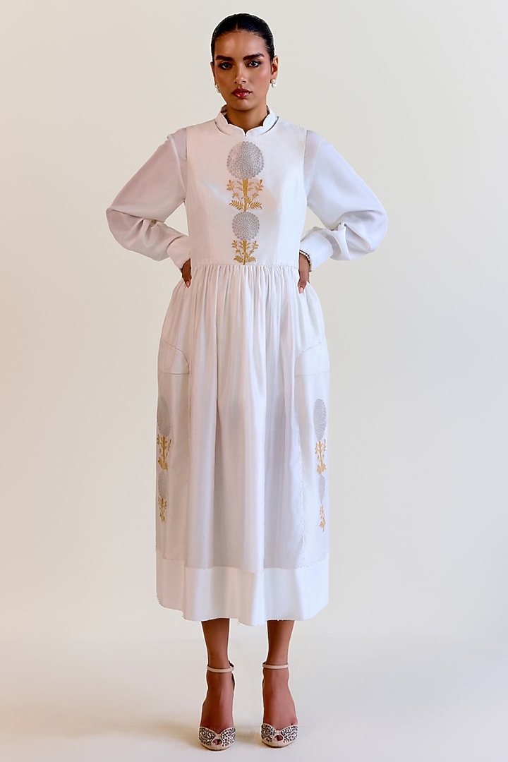 White Handwoven Karhua Silk Cocktail Dress With Shirt by Ohfab by Aanchal & Akshita at Pernia's Pop Up Shop