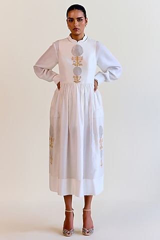 White Handwoven Karhua Silk Dress With Shirt by Ohfab by Aanchal & Akshita