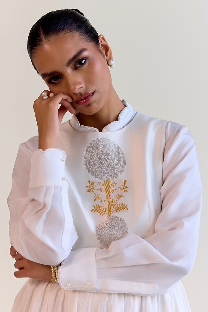 White Handwoven Karhua Silk Cocktail Dress With Shirt by Ohfab by Aanchal & Akshita at Pernia's Pop Up Shop