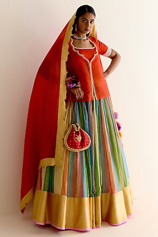 Red Silk Organza Koti With Blouse by Ohfab by Aanchal & Akshita