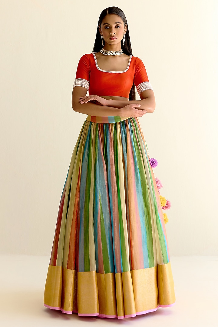 Multi-Colored Handwoven Pachranga Silk Tissue Wedding Lehenga by Ohfab by Aanchal & Akshita at Pernia's Pop Up Shop