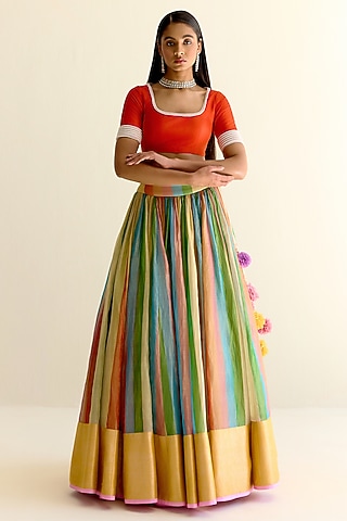 Multi-Colored Handwoven Pachranga Silk Tissue Lehenga by Ohfab by Aanchal & Akshita