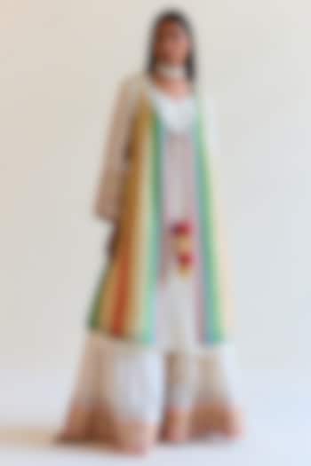 White Handwoven Satranga Tissue Choga Kurta Set by Ohfab by Aanchal & Akshita at Pernia's Pop Up Shop