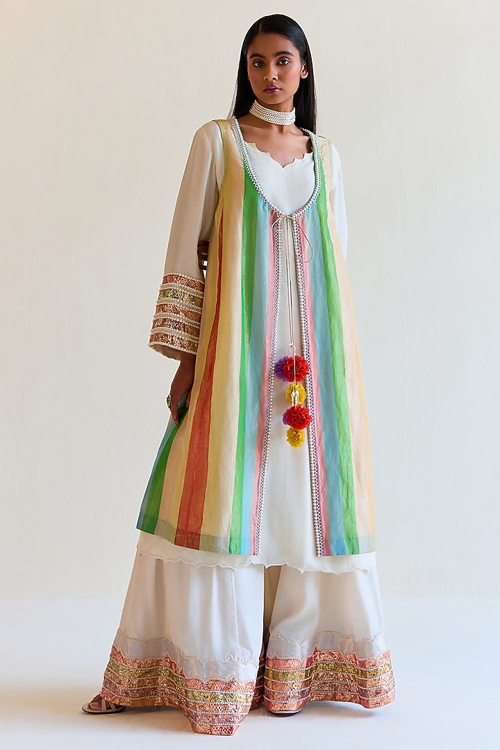 White Handwoven Satranga Tissue Choga Kurta Set by Ohfab by Aanchal & Akshita at Pernia's Pop Up Shop