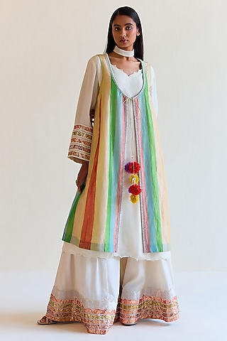 White Handwoven Satranga Tissue Choga Kurta Set by Ohfab by Aanchal & Akshita