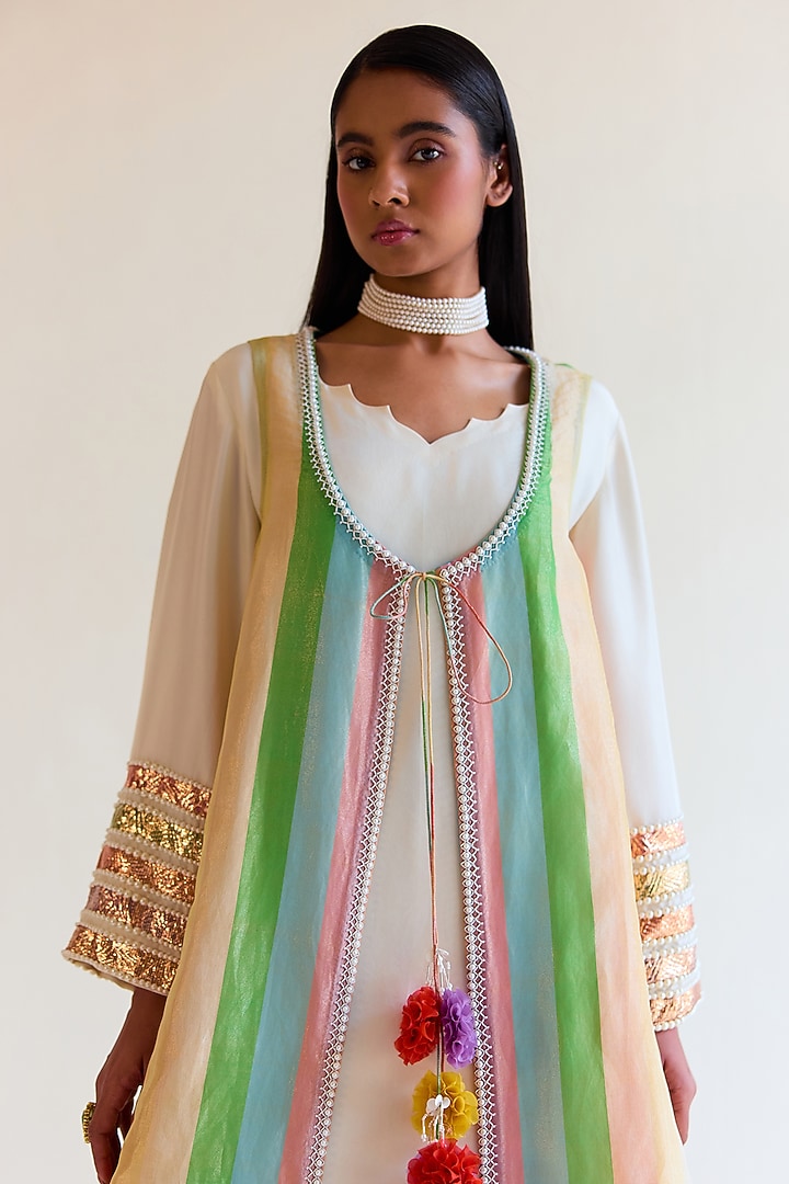 White Handwoven Satranga Tissue Choga Kurta Set by Ohfab by Aanchal & Akshita at Pernia's Pop Up Shop