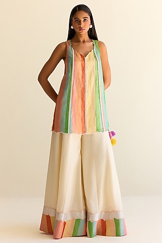 Multi-Colored Handwoven Satranga Silk Tissue Sharara Set by Ohfab by Aanchal & Akshita