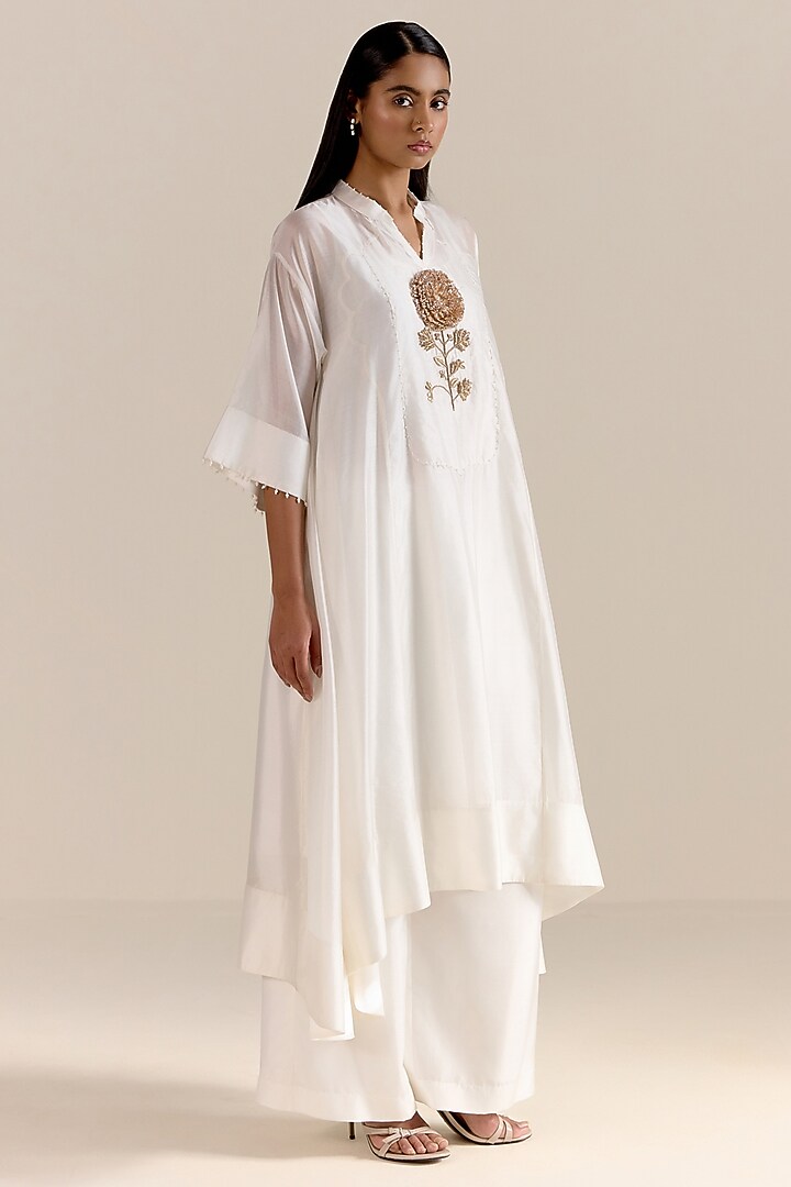 Ivory Handwoven Organza Silk Pearl Embroidered Kurta Set by Ohfab by Aanchal & Akshita at Pernia's Pop Up Shop