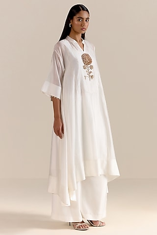 Ivory Handwoven Organza Silk Pearl Embroidered Kurta Set by Ohfab by Aanchal & Akshita